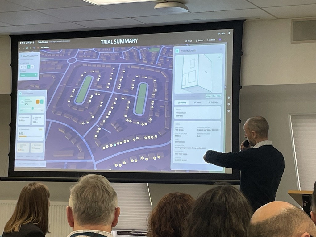 DIATOMIC digital twin demonstration, showing the model on a presentation screen